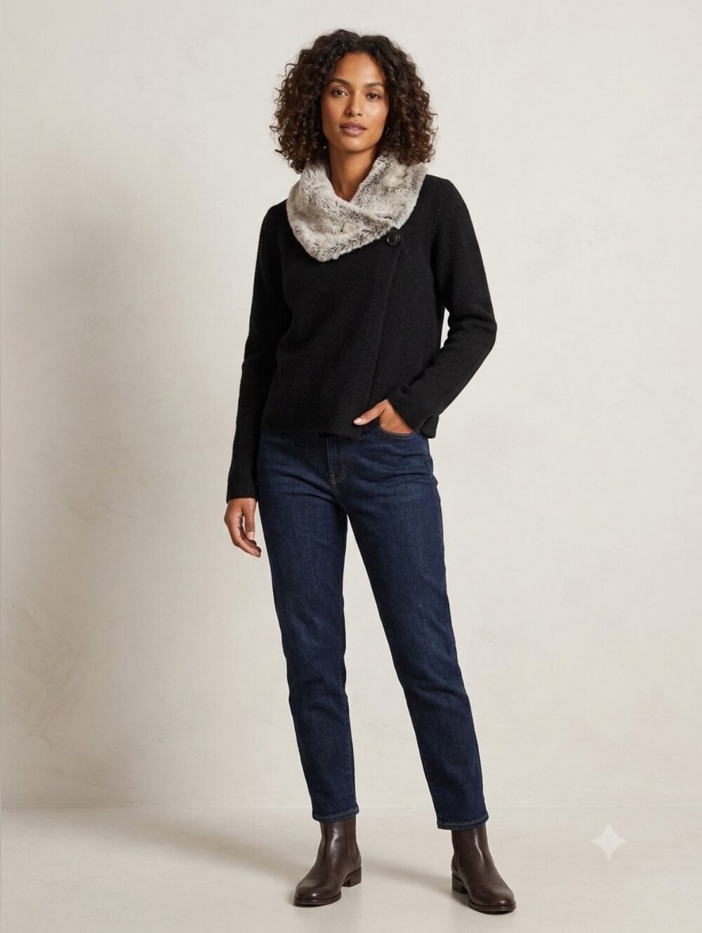Black Women's Button-Detail Sweater with Cream Faux-Fur Cowl
